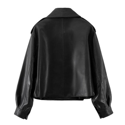 Long-sleeved Lapel Loose-fit Women's Leather Jacket